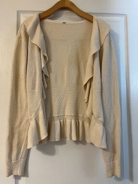 Ruffled Open-Front Cream Sweater Cardigan